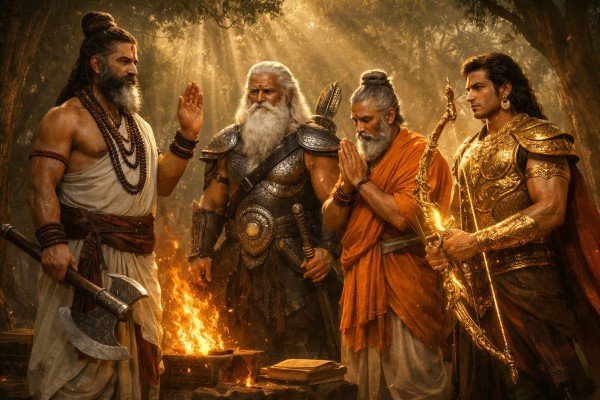 Bhagwan Parshuram training his mighty disciples in the forest