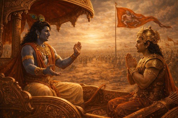 Shri Krushn advising Arjuna on the battlefield of Kurukshetra